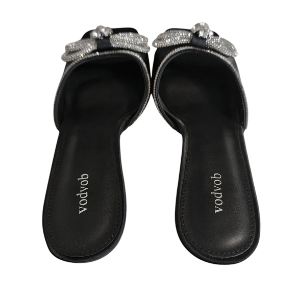 Vodvob Rhinestone Bow Black Square Toe Heels Women's Size 8 - Picture 8 of 13